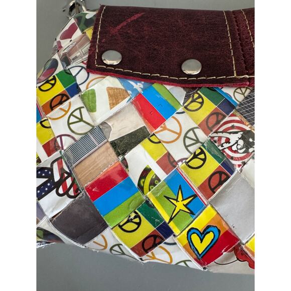 Nahui Ollin Shoulder Bag Candy Wrapper Recycled Paper Leather Trim Handmade Y2K - Picture 6 of 9